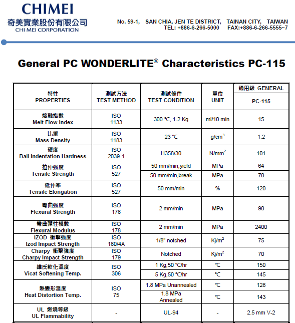 这是一张台湾奇美PC PC-115物性参数表图片