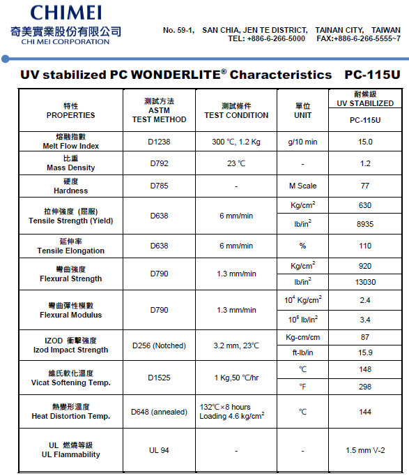 这是一张台湾奇美PC PC-115U物性参数表图片