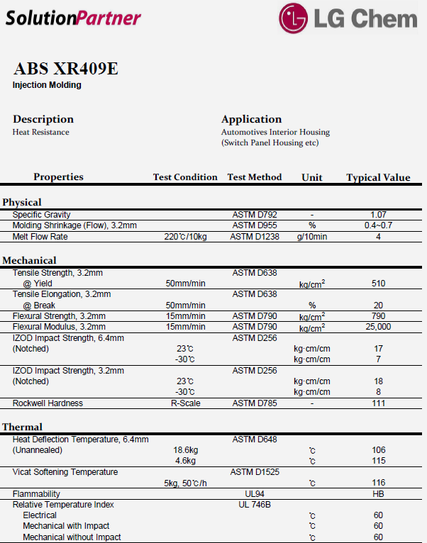 韩国LG ABS XR409E物性表(英文)